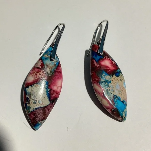 💙 Sterling Silver French Hook Natural Jasper Stone Curvy Boho Drop Earrings